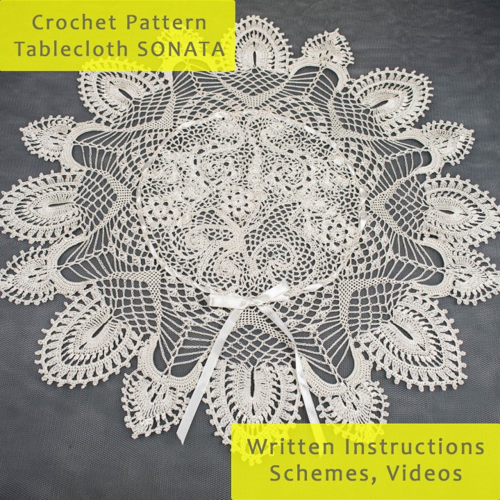 SONATA Crochet Tablecloth Pattern - PDF & Video Tutorials for 28-inch Round Table
