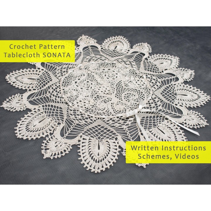 SONATA Crochet Tablecloth Pattern - PDF & Video Tutorials for 28-inch Round Table