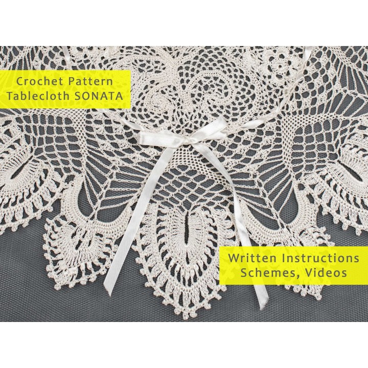 SONATA Crochet Tablecloth Pattern - PDF & Video Tutorials for 28-inch Round Table