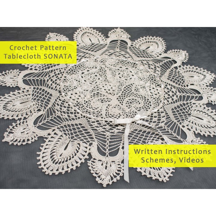 SONATA Crochet Tablecloth Pattern - PDF & Video Tutorials for 28-inch Round Table