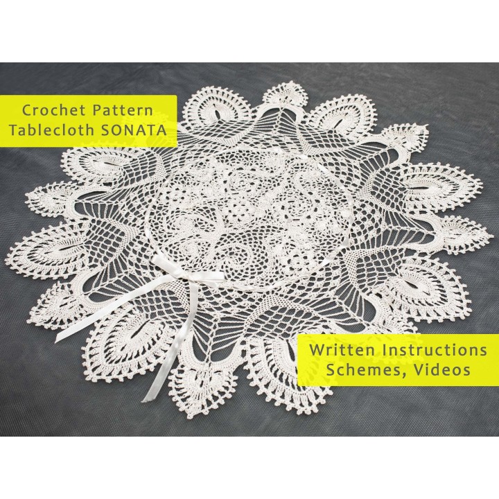 SONATA Crochet Tablecloth Pattern - PDF & Video Tutorials for 28-inch Round Table