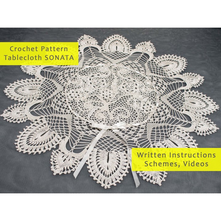 SONATA Crochet Tablecloth Pattern - PDF & Video Tutorials for 28-inch Round Table