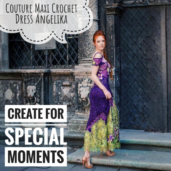 Dress Angelika Crochet Pattern & Video Course – Maxi A-line Lace Dress in Dark Purple and Olive Italian Viscose – Size M PDF
