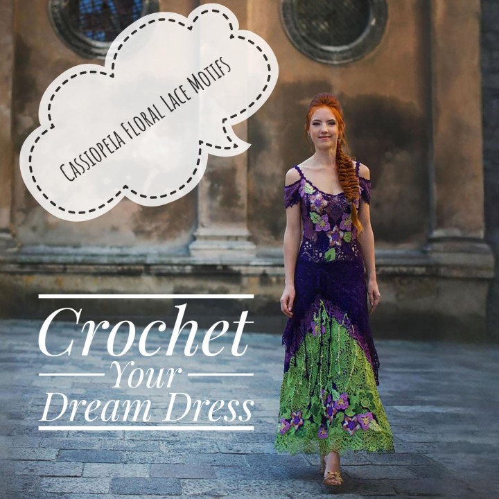 Dress Angelika Crochet Pattern & Video Course – Maxi A-line Lace Dress in Dark Purple and Olive Italian Viscose – Size M PDF