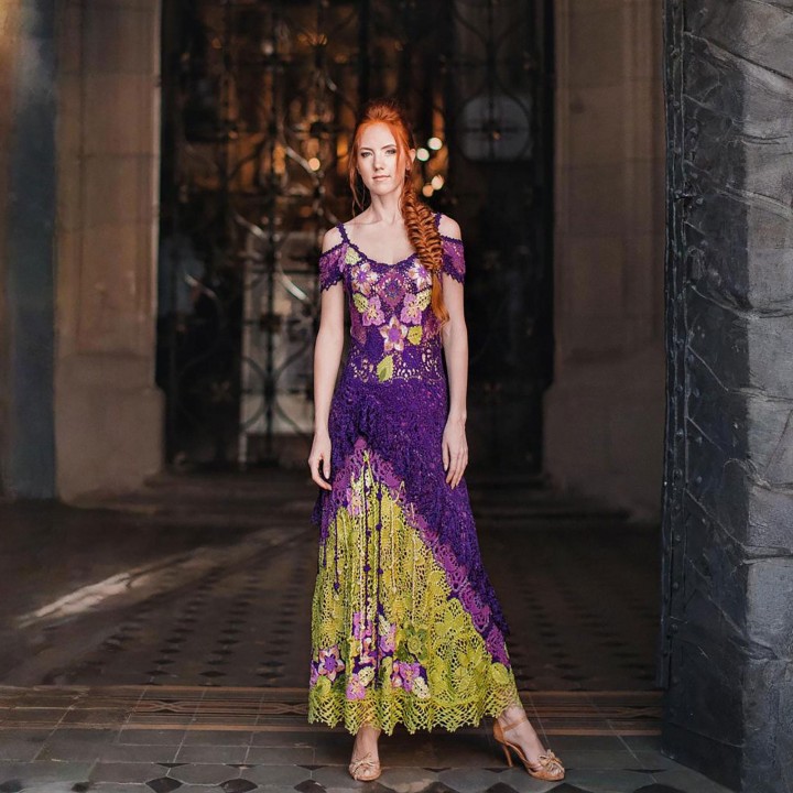 Dress Angelika Crochet Pattern & Video Course – Maxi A-line Lace Dress in Dark Purple and Olive Italian Viscose – Size M PDF