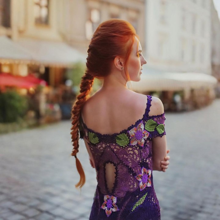 Dress Angelika Crochet Pattern & Video Course – Maxi A-line Lace Dress in Dark Purple and Olive Italian Viscose – Size M PDF