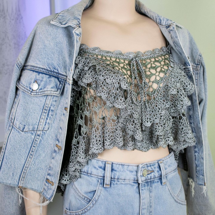 Joy Verde Crochet Summer Top - Handmade Oversized Green Viscose Blouse - Unique Lace Design for S/M/L