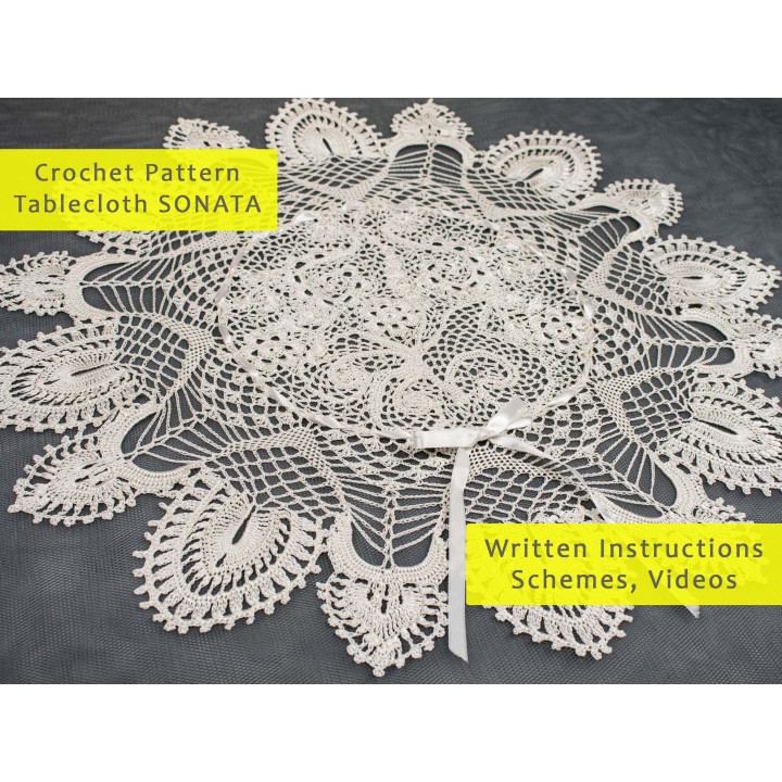 Crochet Pattern for Round Tablecloth 'SONATA' - Digital PDF & Video Tutorials, 28-Inch Design