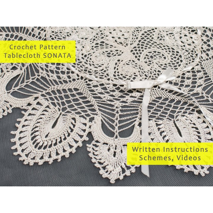 Crochet Pattern for Round Tablecloth 'SONATA' - Digital PDF & Video Tutorials, 28-Inch Design