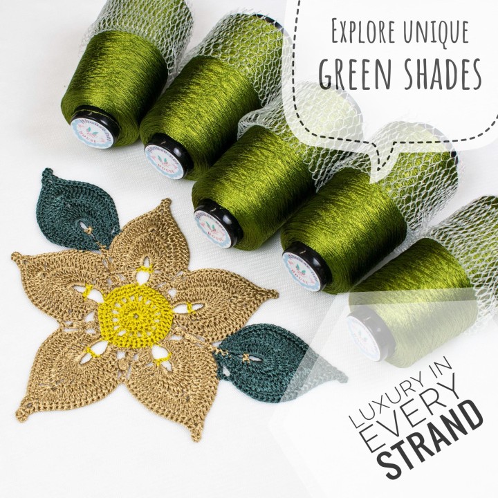 Italian Viscose Yarn - Bright Olive Green Lace Weight 100g Cone 1500m for Crochet - Gift Set with Hook