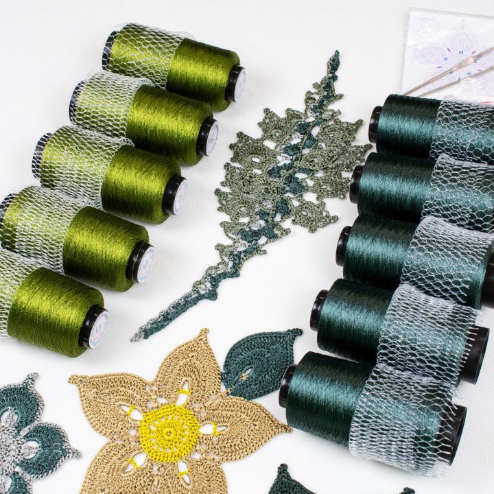 Italian Viscose Yarn - Bright Olive Green Lace Weight 100g Cone 1500m for Crochet - Gift Set with Hook