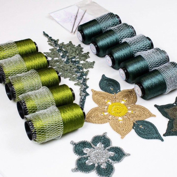 Italian Viscose Yarn - Bright Olive Green Lace Weight 100g Cone 1500m for Crochet - Gift Set with Hook