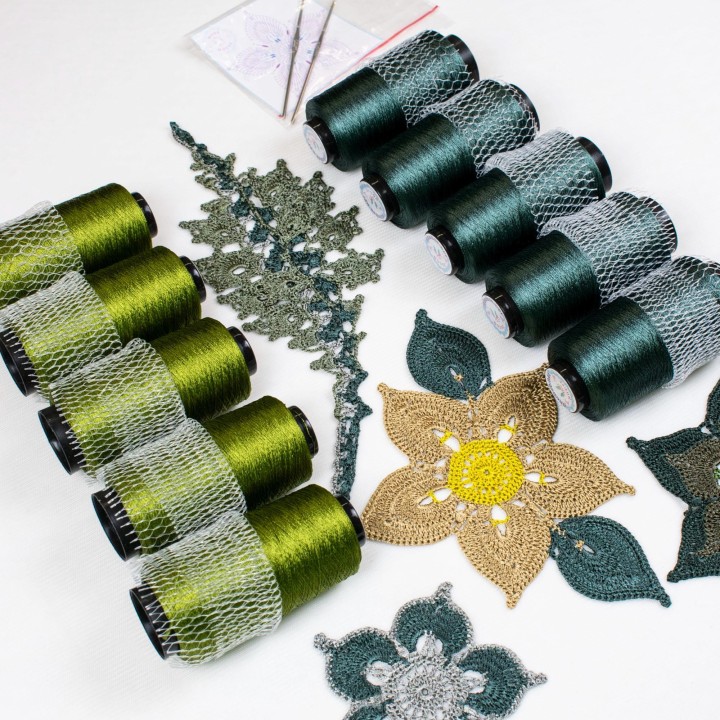 Italian Viscose Yarn - Bright Olive Green Lace Weight 100g Cone 1500m for Crochet - Gift Set with Hook