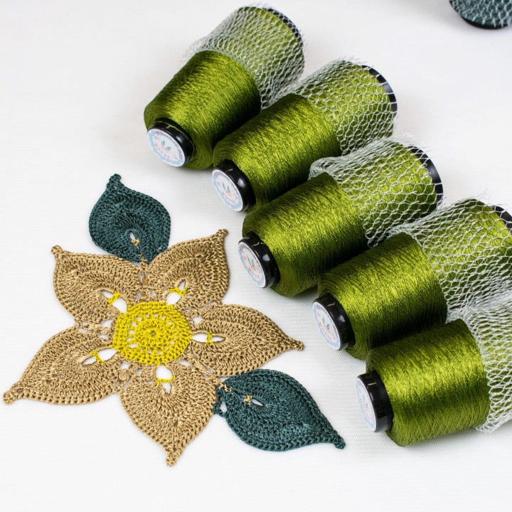 Italian Viscose Yarn - Bright Olive Green Lace Weight 100g Cone 1500m for Crochet - Gift Set with Hook