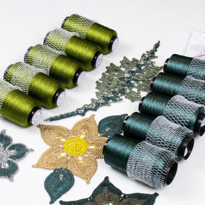 Italian Viscose Yarn - Bright Olive Green Lace Weight 100g Cone 1500m for Crochet - Gift Set with Hook